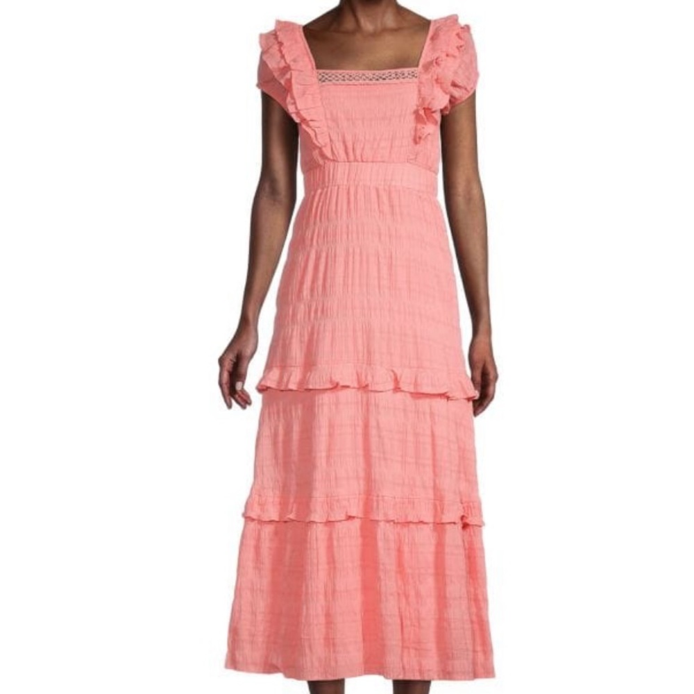 Textured tiered midi dress in Flamingo pink. A-line silhouette w/ ruffle sleeve